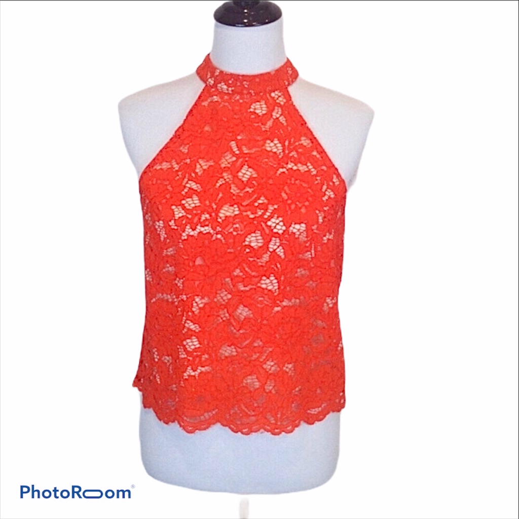 Paris Sunday Halter Neck Lace Overlay Scallop Hem Back Zip Top